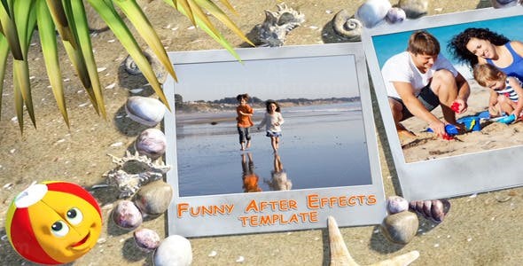 卡通效果夏天海滩相片展示AE模板