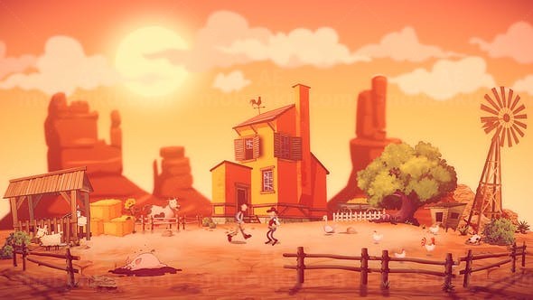 西部卡通牧场场景标志展示AE模板