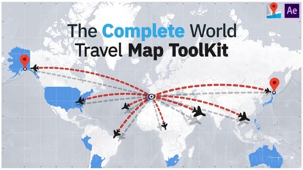 世界地图国家旅游地点展示路径动画AE模板