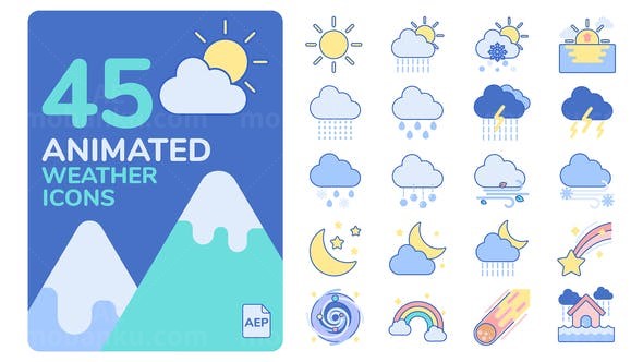 卡通风格天气预告动画图标展示AE模板
