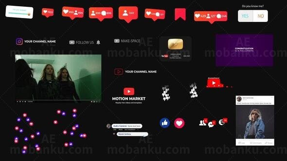 社交媒体图标元素集展示AE模板