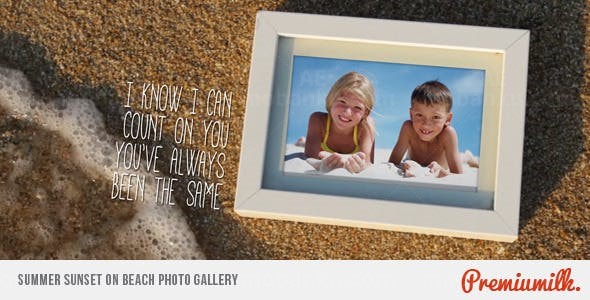 日落环境下沙滩上相片展示AE模板