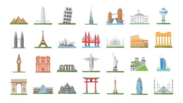 100个世界地标图标动画展示AE模板