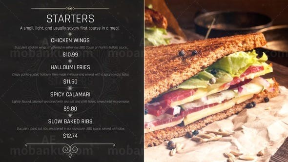 豪华餐厅菜肴菜单图片价格幻灯片展示AE模板
