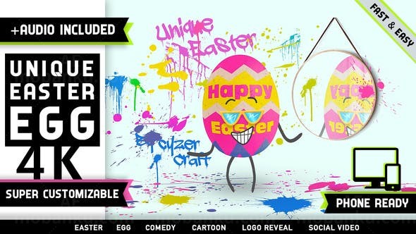 快乐复活节有趣彩蛋甩墨标志AE模板