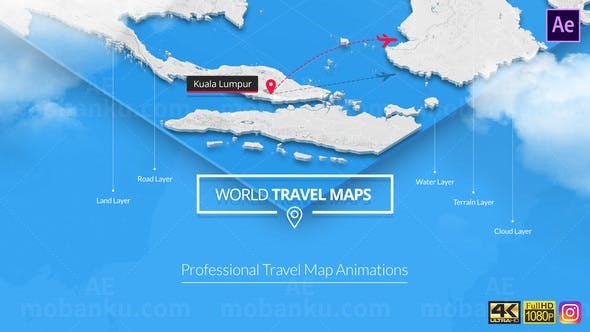 世界地图旅游轨迹AE模板