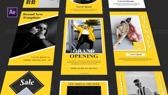 黄色背景手机端视频包展示AE模板