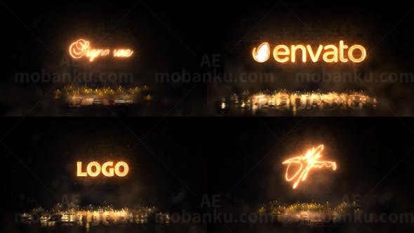 金色粒子霓虹闪烁效果标志AE模板