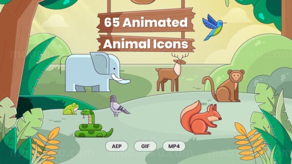 卡通风格动物动画图标展示AE模板