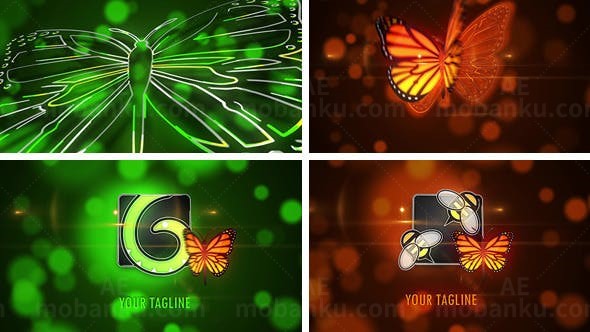 橙色绿色画蝶飞舞动画LOGO标志演绎AE模板