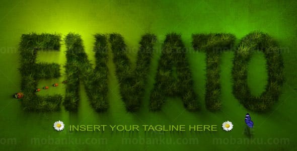 卡通蝴蝶瓢虫伴随草坪文字展示AE模板