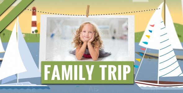 可爱帆船家庭旅游相册展示AE模板