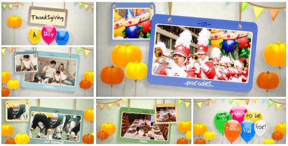 快乐感恩节南瓜灯气球悬挂照片展示AE模板