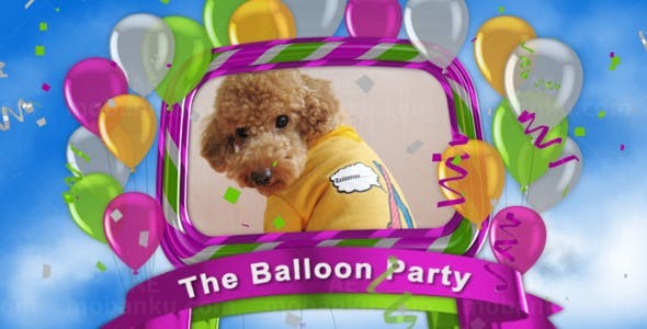 卡通风格多彩气球派对狗狗照片展示AE模板