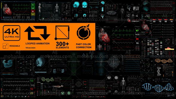 AE模板-300+科技感HUD医疗人体医学心电图DNA心脏科幻元素UI动画工具包
