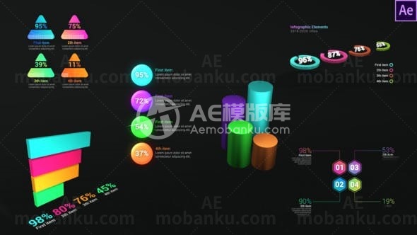 彩色三维动态信息图展示AE模板