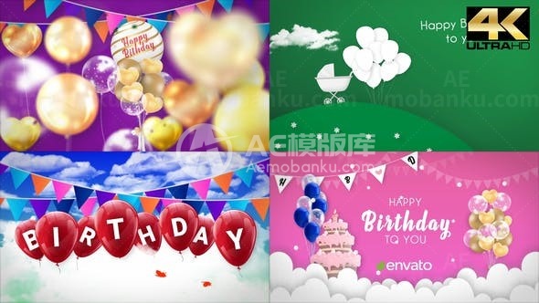 卡通动画效果生日快乐装饰AE模板