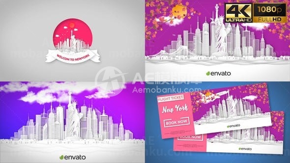 动画风格纽约航空公司宣传片头AE模板