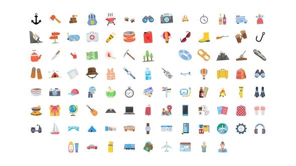 100个卡通风格旅游和度假图标展示AE模板