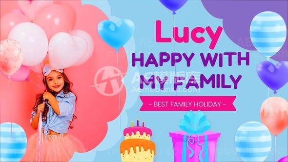 卡通风格叠加生日快乐照片视频展示AE模板