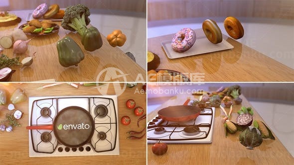 卡通风格烹饪场景展示AE模板