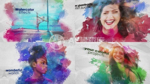 水彩效果揭示转换图片AE模板