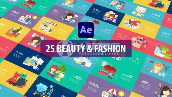 卡通风格美丽时尚动画图标元素AE模板