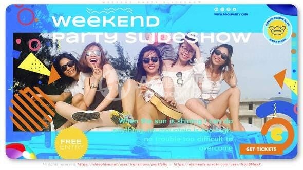 卡通风格多彩图形元素周末派对幻灯片AE模板