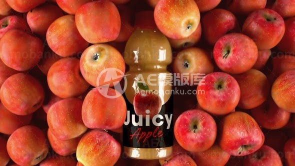 红色苹果堆浮出果汁瓶标签样板AE模板