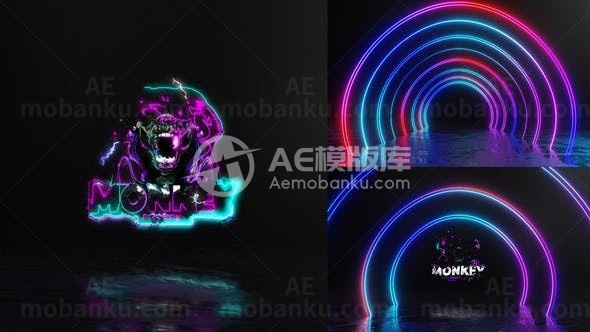 霓虹闪电拱门隧道尽头揭示标志AE模板