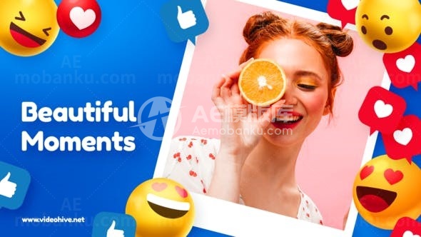 卡通风格社交媒体笑脸照片幻灯片AE模板