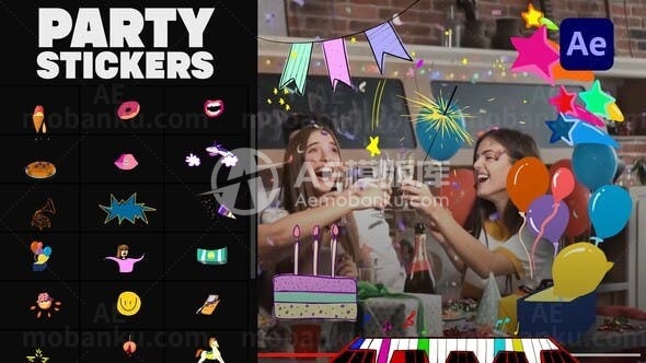 卡通风格动画派对动态贴纸AE模板