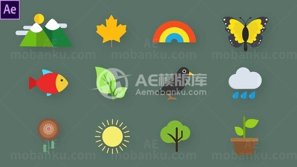 卡通多彩自然动画图标展示AE模板