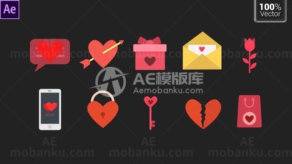 卡通风格平面爱心动画图标AE模板