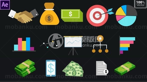 卡通风格动态商务动画图标AE模板