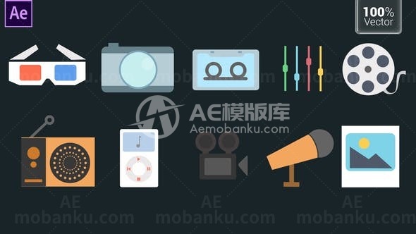 卡通风格平面图形多媒体图标AE模板