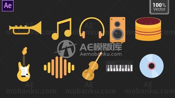 卡通风格平面图形音乐图标AE模板