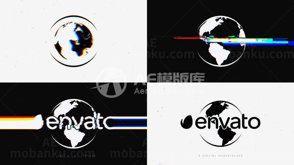 故障闪烁扭曲效果地球标志AE模板