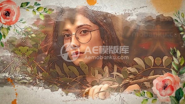 情感水彩水墨花卉边框图片幻灯片AE模板