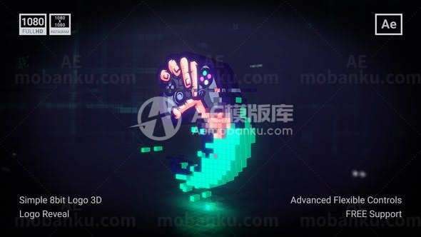 简单8位像素故障效果标志展示AE模板