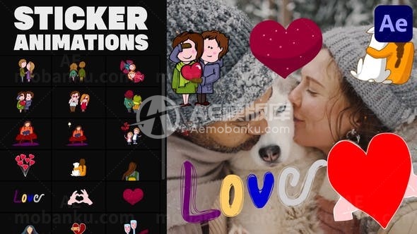 卡通风格爱情动画元素叠加视频AE模板