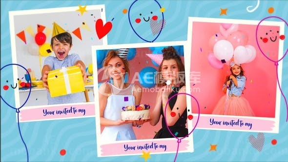 卡通气球笑脸装饰生日快乐幻灯片AE模板