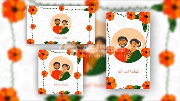 卡通风格婚礼邀请函制作AE模板