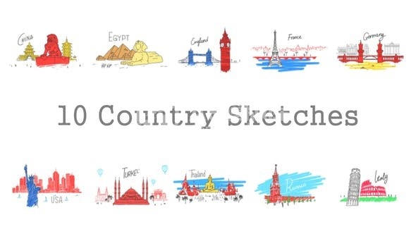 多个国家建筑物素描效果草图展示AE模板