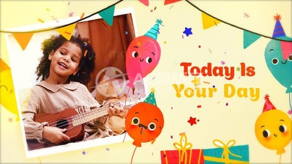 卡通风格生日快乐幻灯片AE模板