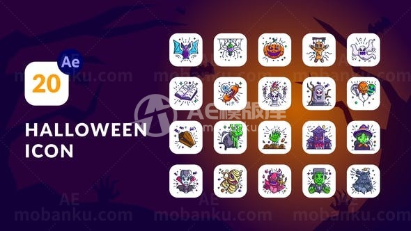 万圣节平面动画图标元素展示AE模板