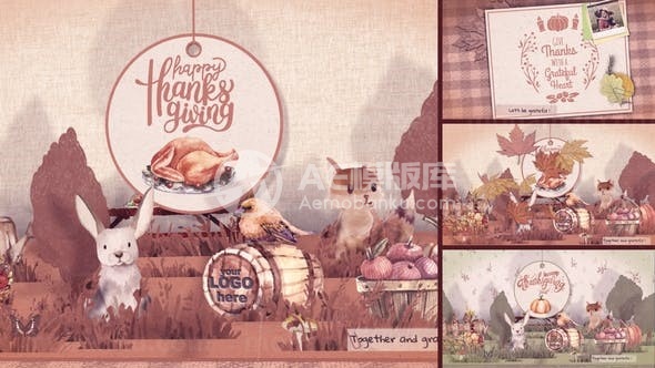 卡通风格感恩节三维弹起卡片AE模板