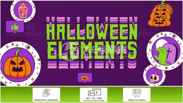 卡通风格万圣节元素动态演绎AE模板