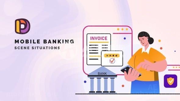 卡通风格手机银行场景MG动画AE模板