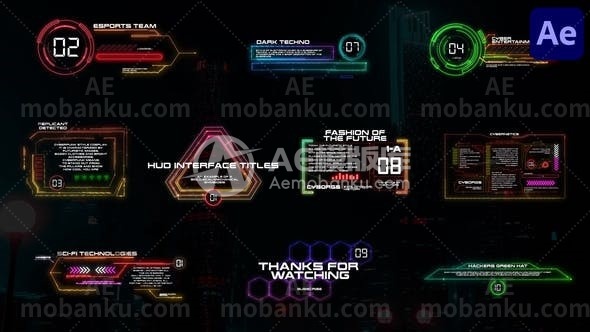 高科技全息界面霓虹灯文字标题展示AE模板